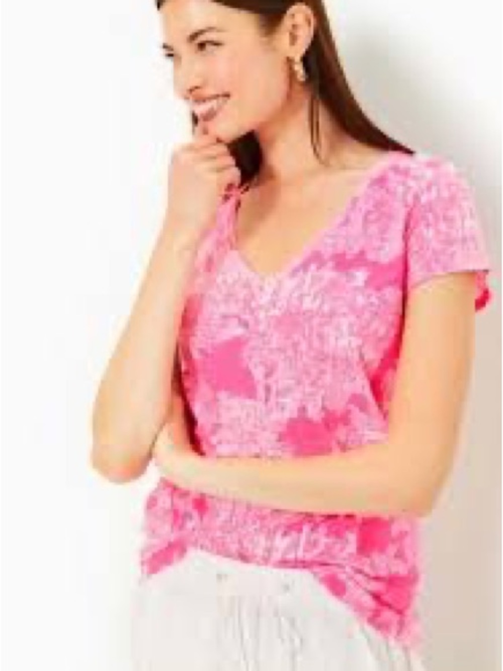 Lilly Pulitzer Pink Floral V-Neck Short Sleeve Top
